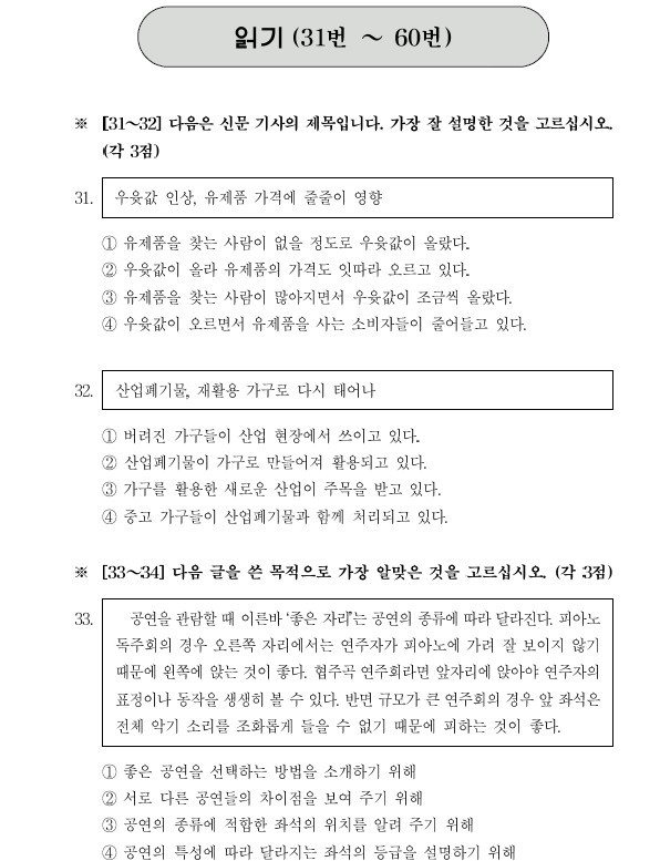 2013年10月第32届韩语TOPIK考试高级阅读真