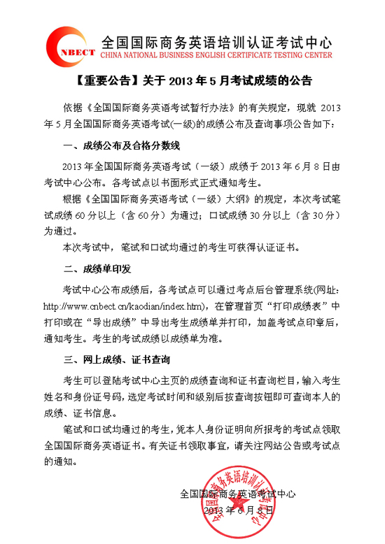 2013年5月全国国际商务英语考试(一级)成绩查