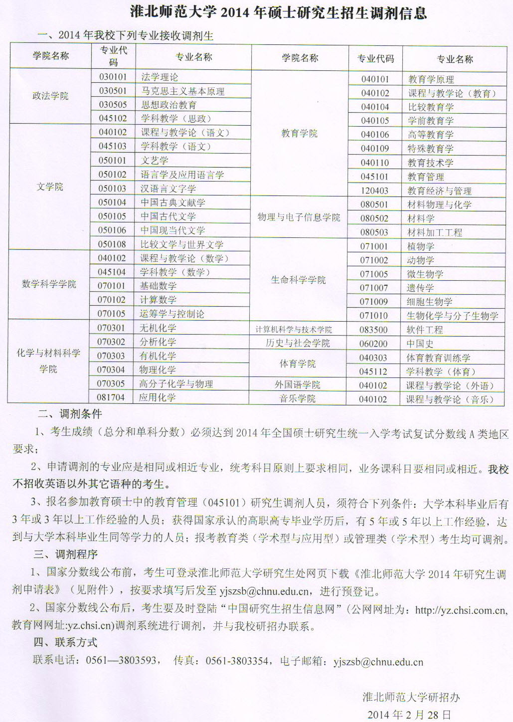 淮北师范大学2014年硕士研究生调剂信息-考研