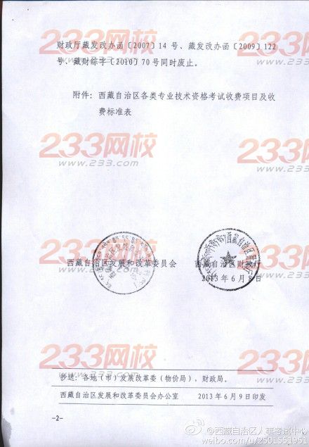 2014年西藏各项专业资格收费标准调整通知