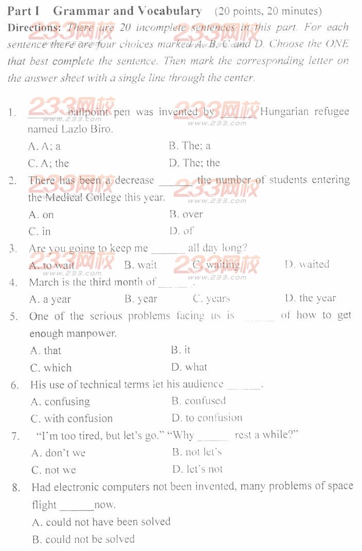 河南2013年11月成人学位英语考试A卷真题及答案