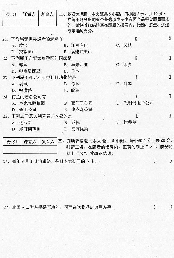 四川2015年1月自考《客源国概况》真题-自考