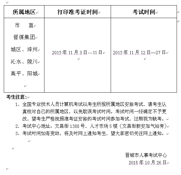 2015年11月晋城市职称计算机考试时间-职称计