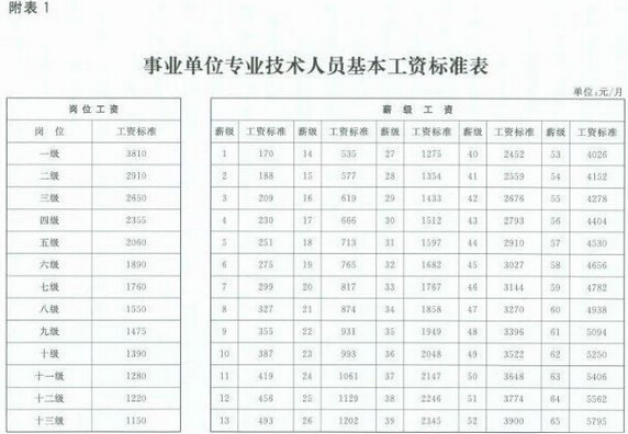 2015年最新事业单位工资标准表