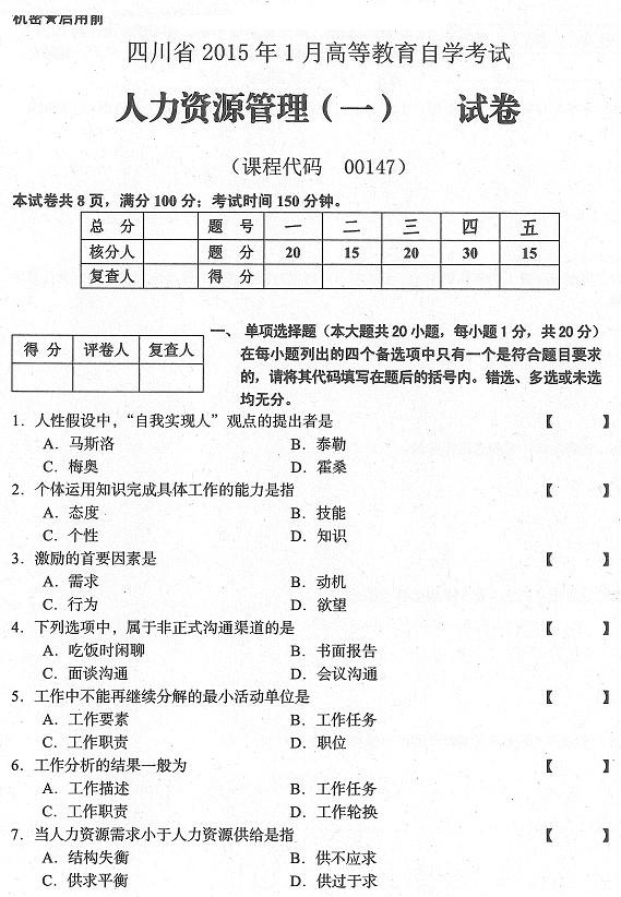 四川2015年1月自考《人力资源管理(一)》真题