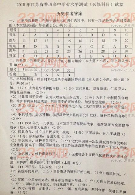 2015年江苏省小高考历史试卷及答案 233网校