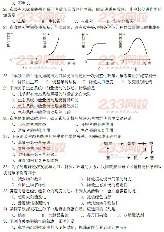 2015年江苏省小高考生物试卷及答案 233网校