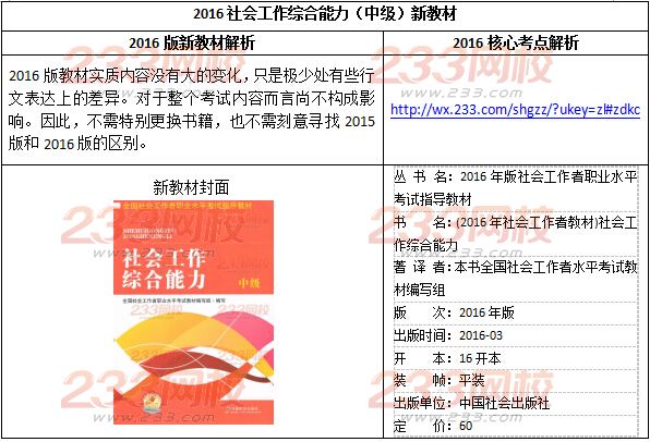 2016社会工作综合能力（初级）新教材变化对比分析