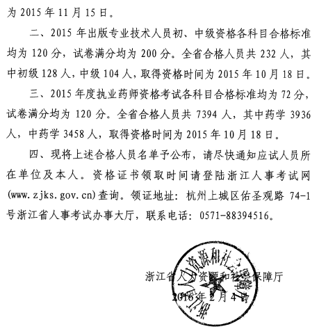2015年浙江执业药师考试合格人员名单公布-执