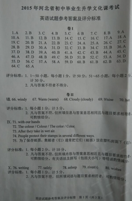 2015年河北保定中考英语真题答案 _ 中考 _ 23