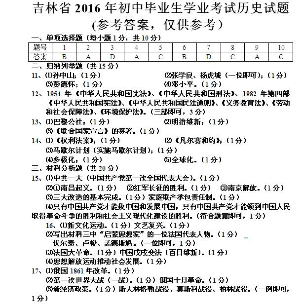 2016年吉林松原中考历史试题答案 _ 中考 _ 23