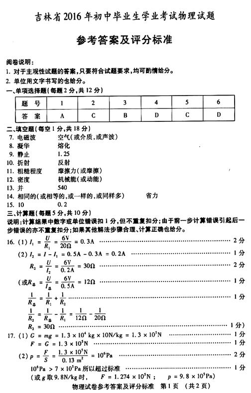 2016年吉林松原中考物理试题答案 _ 中考 _ 23