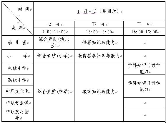 2017年下半年辽宁中小学教师资格证考试时间