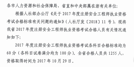 2017年浙江安全工程师考试合格人员名单公布