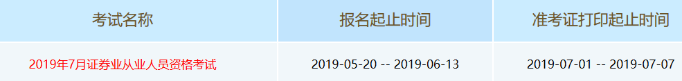 2019年7月证券从业考试准考证打印时间