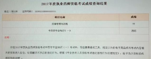 2017年执业药师考试成绩