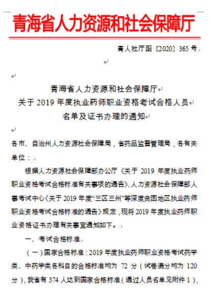 2019年青海执业药师考试合格人员名单及证书办理的通知