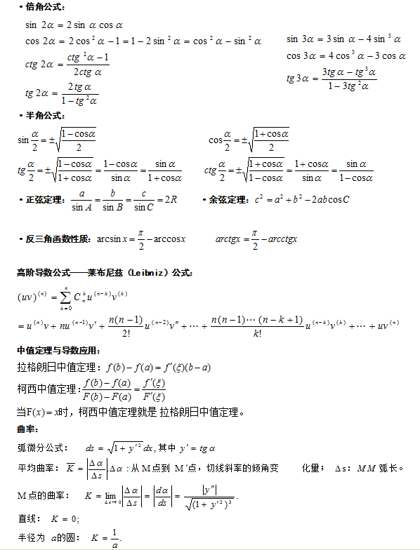 2013年成人高考(专升本)高等数学公式大全