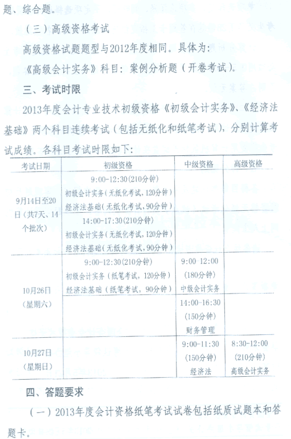 2013年度全国会计专业技术资格考试题型等有关问题的通知