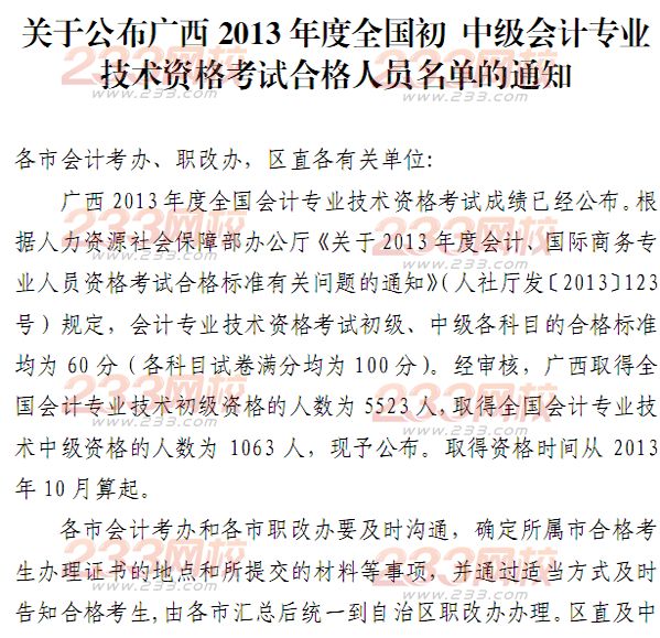 广西2013年初级会计职称考试合格人员名单
