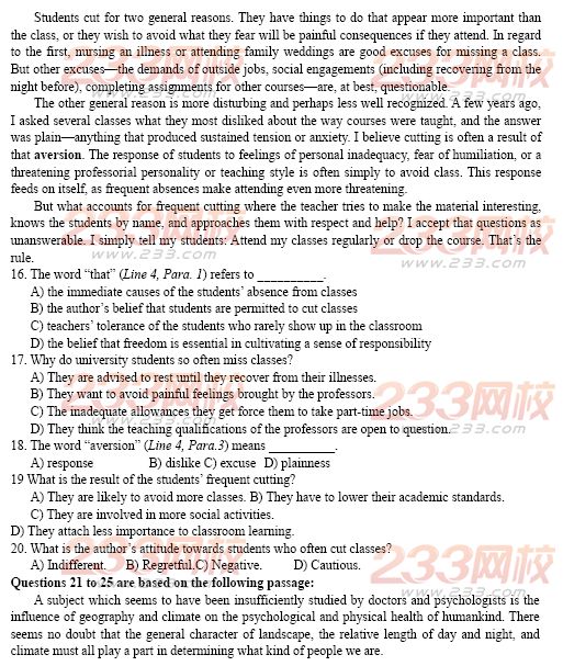 福州大学2014年成人学士学位英语样题及答案