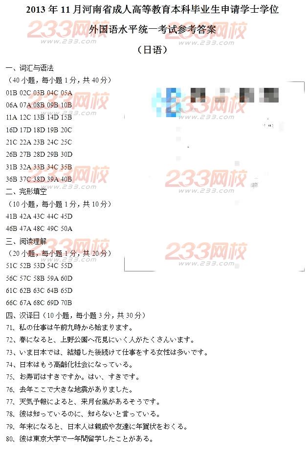 2013年11月河南成人学位日语真题及答案