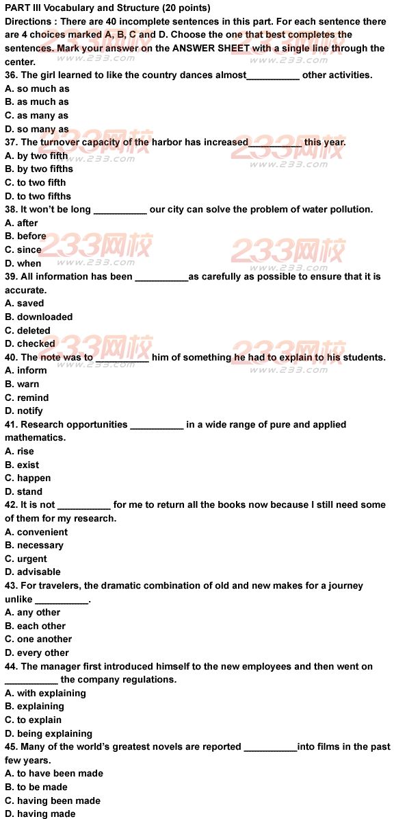 湖南2011年6月成人学位英语考试真题及答案