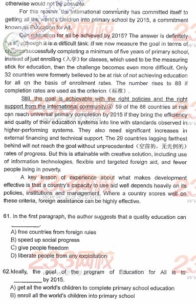 天津2009年成人学位英语考试真题(A卷)及答案