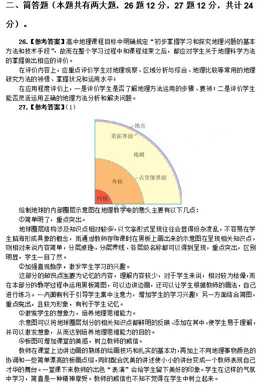 2014年4月教师资格高中地理学科知识与教学能力真题答案