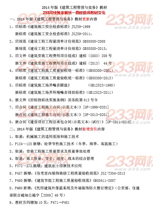 2014一级建造师《建筑工程》教材变化(吴好汉老师整理)