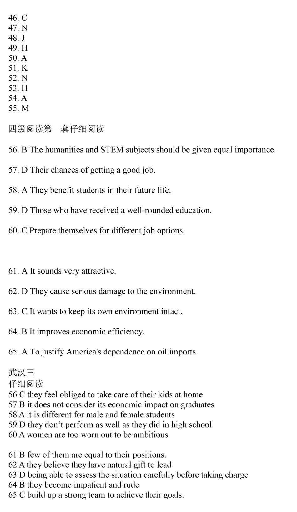 2014年6月英语四级真题试卷参考答案(全)