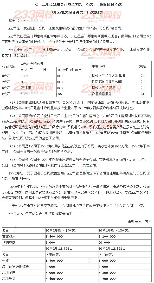 2013年注册会计师综合阶段考试《职业能力综合测试一》A卷