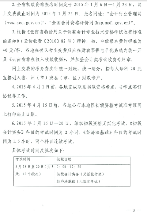 云南省2015年中级会计职称考务日程安排