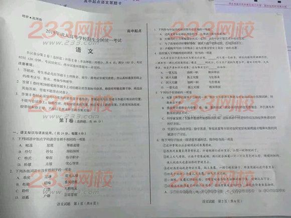 2015年成人高考高起点语文考试试题(网友版)