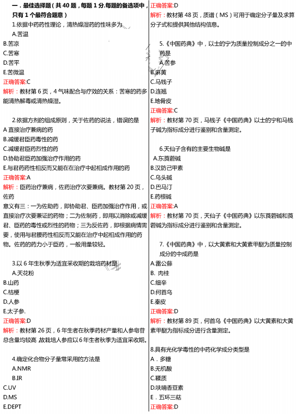 2015年执业药师《中药学专业知识一》真题及答案(图片版)