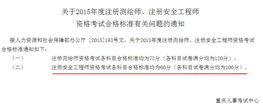 2015年重庆安全工程师合格标准已公布