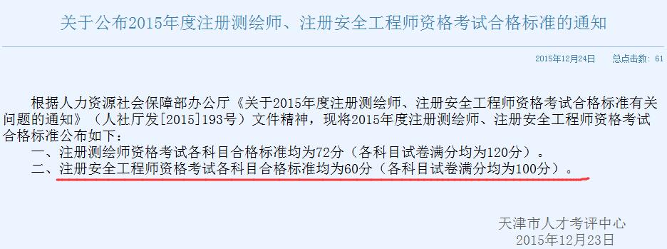 2015年天津安全工程师合格标准已公布
