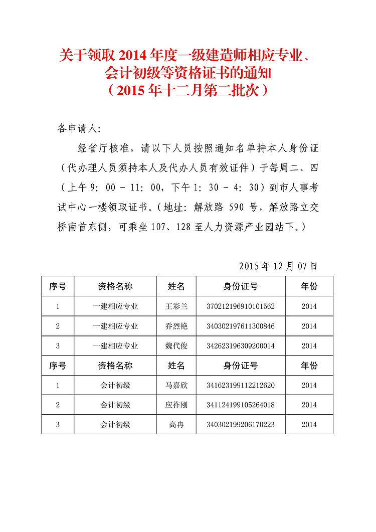 2014年蚌埠一级建造师相应专业证书领取通知