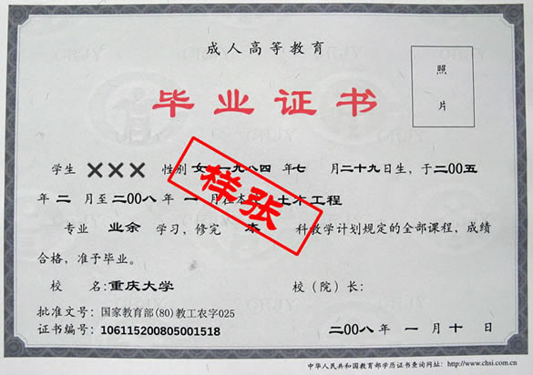 重庆大学成人高考毕业证书样式