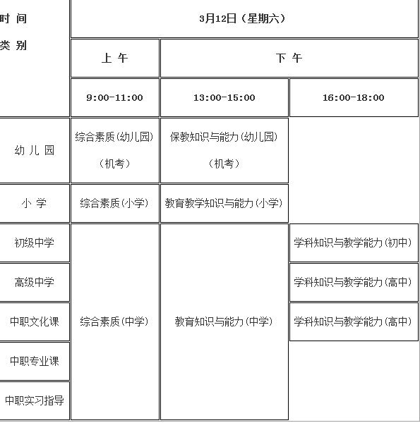 2016年上半年中小学教师资格考试笔试日程安排表