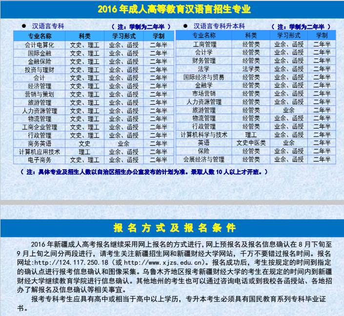 新疆财经大学2016年成人高考招生简章