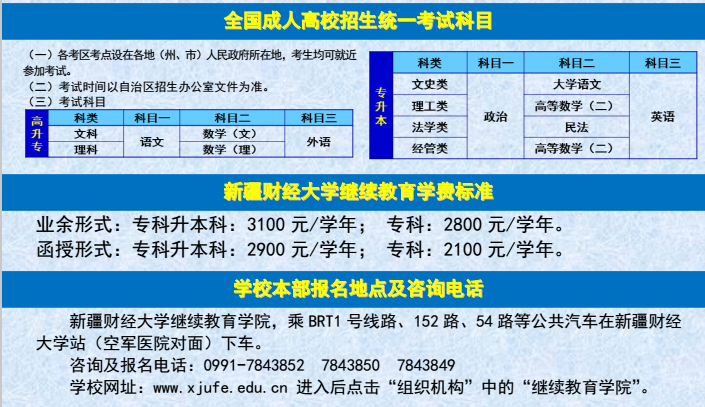 新疆财经大学2016年成人高考招生简章