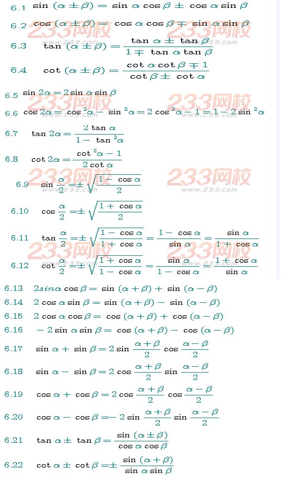 2016年成人高考高起点数学必备公式大全