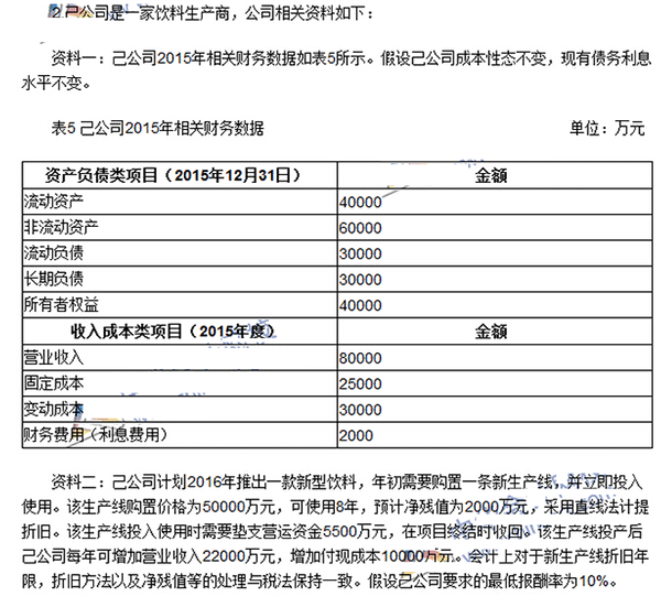 2016年中级会计师《财务管理》考试真题及答案（网友版）