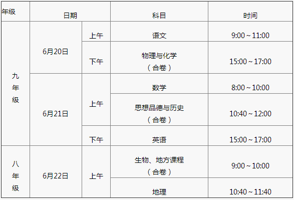2017年湖北咸宁中考考试时间公布