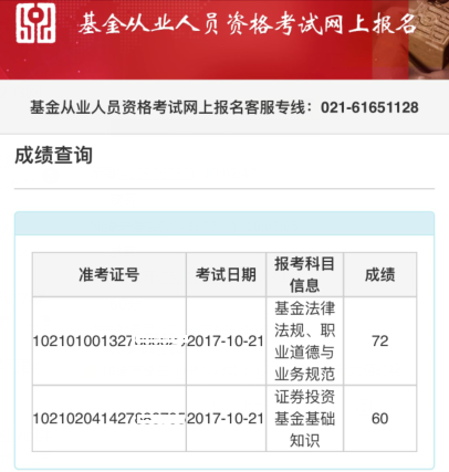 2017年10月基金从业预约式考试成绩