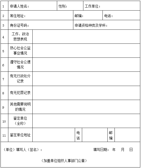 申请人思想品德鉴定表