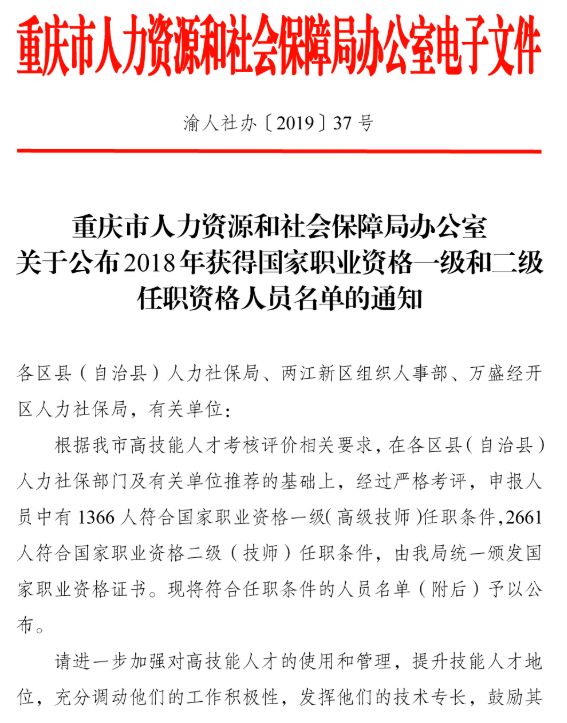 2018重庆获得国家职业资格一级和二级任职资格名单通知