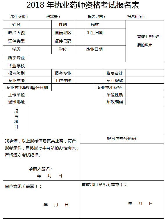 执业药师考试报名表样本