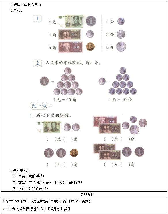 2016下半年小学数学教师资格证面试真题：《认识人民币》考题回顾